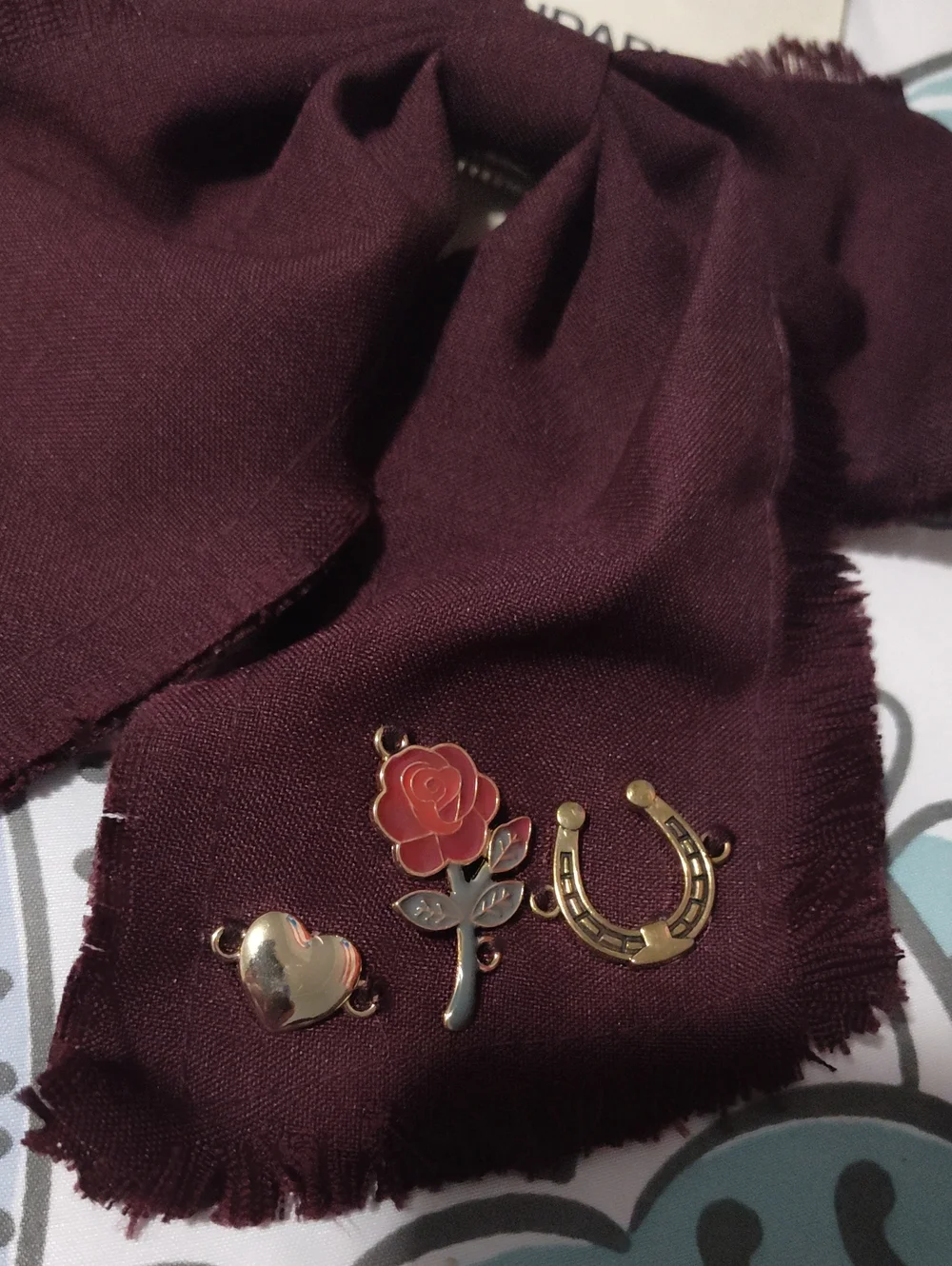 Elegant Burgundy Bow Hair Scarf with Floral & Heart Charms